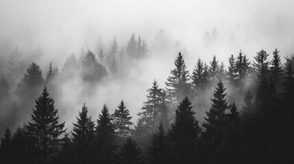 Wall Mural - Abstract minimalistic nature background with a foggy forest silhouette against a grey sky.