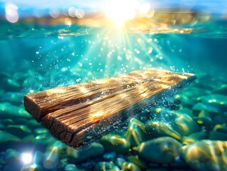 Canvas Print - Floating Wooden Plank Absorbing Sunlight on Serene Water Surface