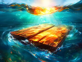 Poster - Floating Plank Absorbing Sunlight and Showcasing Natural Buoyancy on Tranquil Water