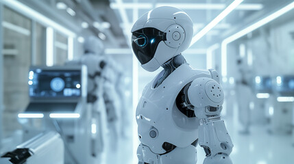 Wall Mural - robot autonomously conducting routine checks on factory equipment, moving in a high-tech environment