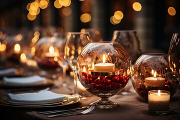 Wall Mural - Elegant evening table setting with lit candles, reflective glassware, and red berries.