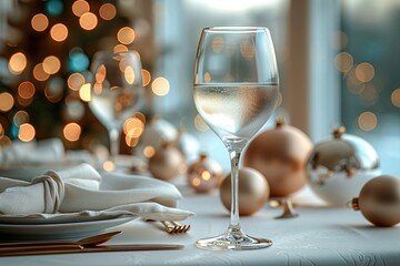 Wall Mural - Elegant table setting with wine glass, plates, napkin, and Christmas decorations in background.