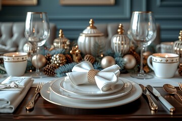 Wall Mural - Elegant dining table setting with luxurious tableware and festive decorations.