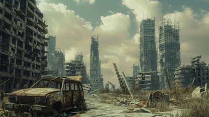 Wall Mural - Post-apocalyptic cityscape with ruins  AI generated illustration