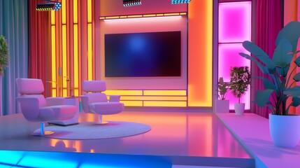 Wall Mural - Render an abstract and colorful 3D version of a TV show podcast studio  AI generated illustration