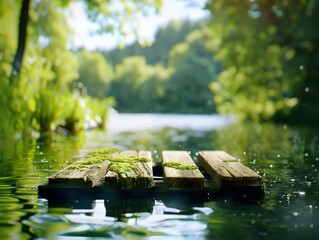 Poster - Tranquil Floating Plank in Lush Lakeside Landscape Exuding Peaceful Serenity