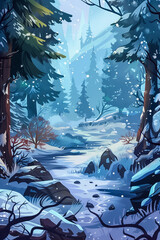 Wall Mural - Winter cartoon vertical landscape. Nature background, forest backdrop