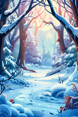 Wall Mural - Cartoon vertical background with illustration of winter season. Forest landscape, nature backdrop