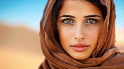 Stunning closeup portrait of a young Middle Eastern woman in elegant traditional Arabian attire.