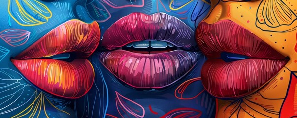 Wall Mural - Bright, stylized patterns of lips