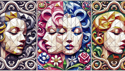 Wall Mural - A geometric triptych of three women's faces, featuring intricate, colourful patterns and floral details, blending modern abstract art with classic beauty in a harmonious composition.