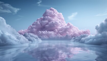 Wall Mural - A large cloud of pink clouds is floating in the sky above a calm body of water