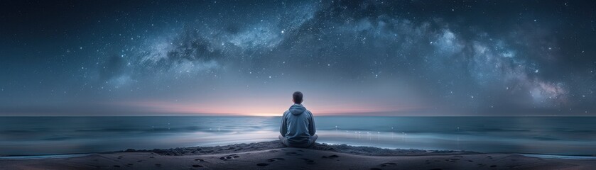 Wall Mural - a man is sitting on the beach at night, looking up at the stars