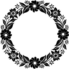 black circular design with floral and leafy patterns radiates symmetrically