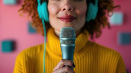 A person is pictured wearing headphones and speaking into a microphone, set against a vibrant pink backdrop, reflecting a focused, creative, and expressive atmosphere.