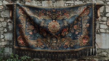 Medieval Tapestry A medieval tapestry hanging on an old stone wall