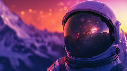 Wall Mural - astronaut standing during sunset in retrowave color style. wallpaper background
