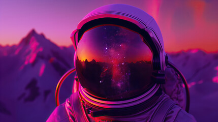 Wall Mural - astronaut standing during sunset in retrowave color style. wallpaper background