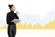 © Who is Danny - A thoughtful woman with a notepad analyzing colorful bar charts and line graphs on a transparent grid background, concept of data analysis