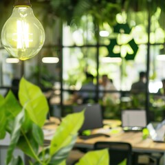 People working in an office with a blurred background of green certifications displayed prominently, showcasing commitment to environmental standards with copy space. 