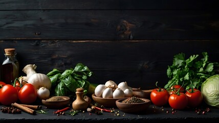 flat lay with fresh vegetables and other pizza ingredients on wooden tabletop