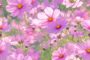 Poster - Seamless pattern of pink cosmos flowers with green stems and buds. The soft, dreamy background complements the delicate beauty of the flowers.