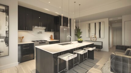 Wall Mural - Stylish condo with a sleek kitchen  AI generated illustration