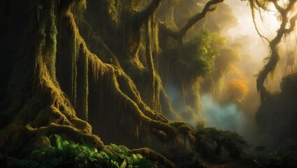 Wall Mural - Sunlight shines through a dense forest, highlighting mossy tree trunks