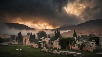 Wall Mural - Ancient ruins in the foreground with mountains and clouds in the background