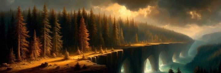 Wall Mural - A forest with a cliff overlooking a river