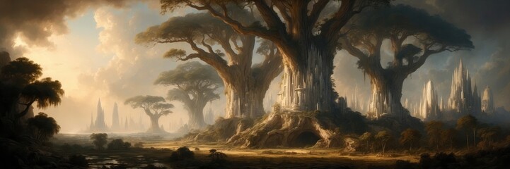 Wall Mural - A misty forest with tall, ancient trees and a distant city in the background