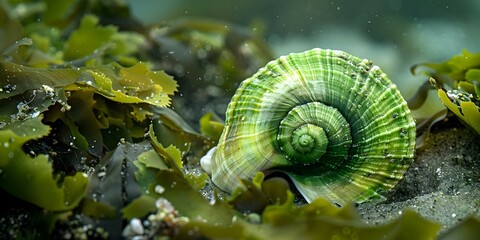 Wall Mural - A vibrant green sea shell surrounded by seaweed and moss in a tidal pool. Concept Nature Photography, Underwater Life, Marine Ecosystem, Seashell Collection, Ecological Balance