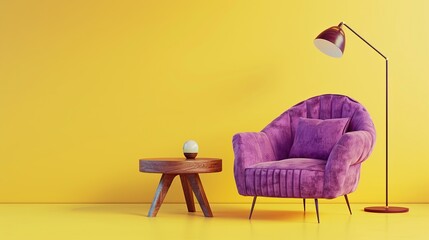 purple armchair and floor lamp standing on a yellow background