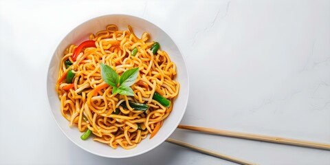 Poster - Lo Mein with white background isolated. Concept Food Photography, Asian Cuisine, Noodle Dish, Restaurant Menu, White Background