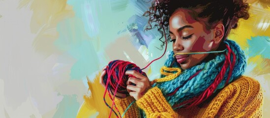 Wall Mural - A person is engaged in knitting with colorful yarns, creating a warm and cozy atmosphere during their free time AIG62