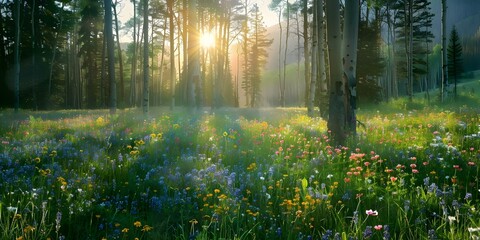 Wall Mural - Morning Sunlight Illuminates a Lush Meadow with Wildflowers. Concept Nature Photography, Wildflower Field, Morning Light, Lush Meadow, Flower Garden