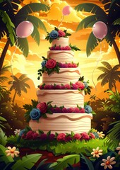 Wall Mural - Illustration of colorful beautiful birthday or wedding cake in decorated with spring flower in the middle of dense forest with balloon isolated in background, luxury festive dessert illustration