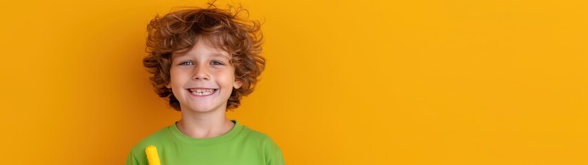 Smiling young boy in green shirt with trendy smile on plain background