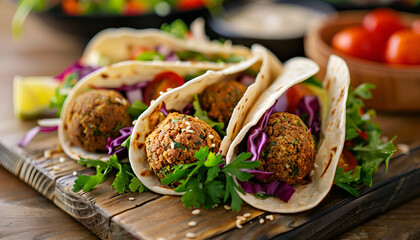 Wall Mural - Tortilla wrap with falafel and fresh salad, vegan tacos, vegetarian healthy food