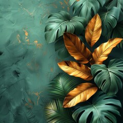 Wall Mural - Luxurious Dark Green Background Design with Elegant Gold Accents and Tropical Leaves