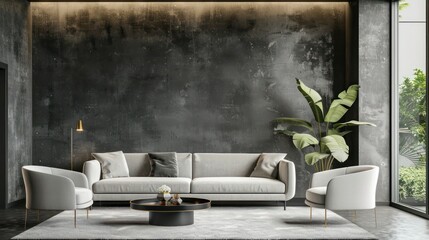 No people shot of modern living room interior at daytime with soft light grey couch, two armchairs and graphite walls. 