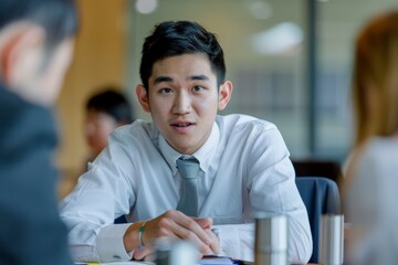 Leinwandbilder - A young professional man in a white shirt and tie engaged in a business meeting at an office table, attentively listening or presenting ideas in a corporate environment.