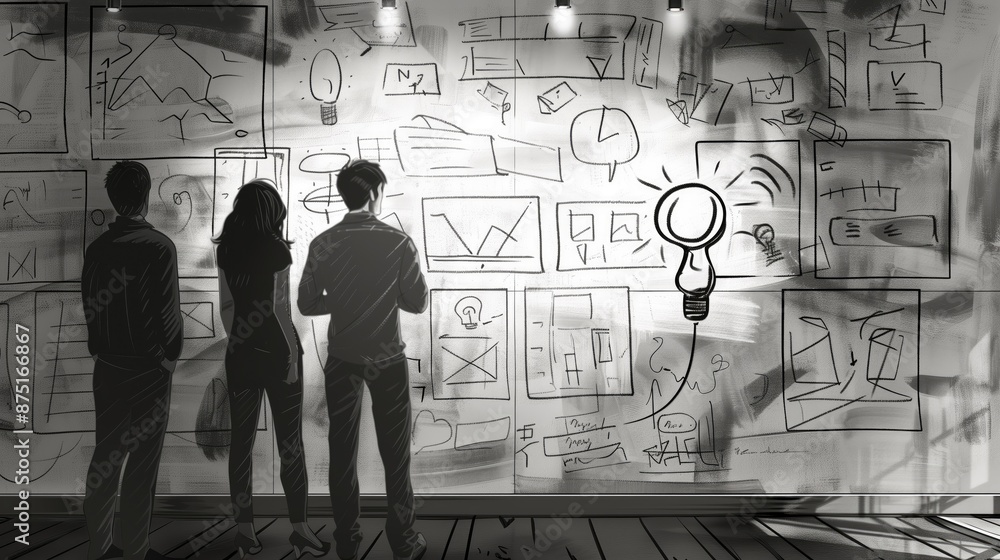 Black and white storyboard sketch of three people standing in front of a big board with lots of doodles and drawings on the wall generated AI