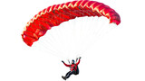 Photograph of people jumping with parachutes on a white background