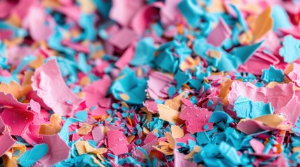 Wall Mural - a close-up image of colorful confetti in vivid pink, blue, and yellow hues, creating a celebratory a