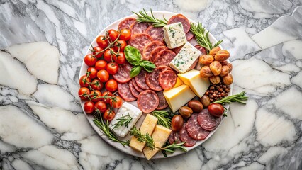 Poster - Delicious meat, cheese, tomatoes, and herbs platter on marble tray, food, gourmet, appetizer, savory, fresh, delicious, culinary