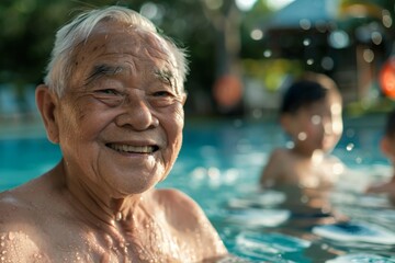 A senior man enjoying his time in a swimming pool, with a cheerful expression. Another swimmer can be seen in the background, adding depth to the image.