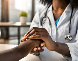 Close up of female African American doctor holding patient's hand. Generative AI.