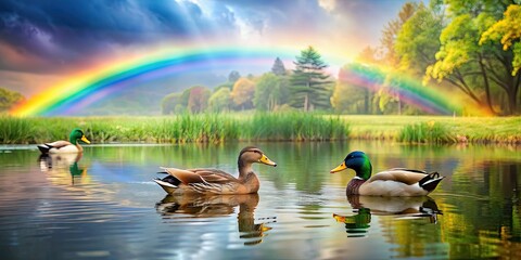 Poster - Ducks swimming in pond under rainbow with raindrop-covered feathers , ducks, pond, rainbow, swimming, water, colorful