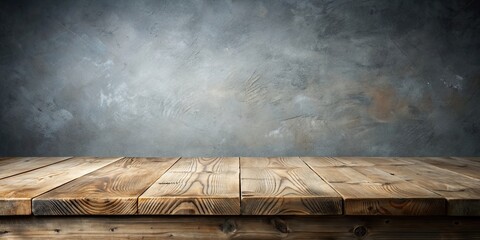 Poster - Empty rustic wooden table top on neutral gray background, wood planks, empty, table, rustic, old, wood, neutral, gray